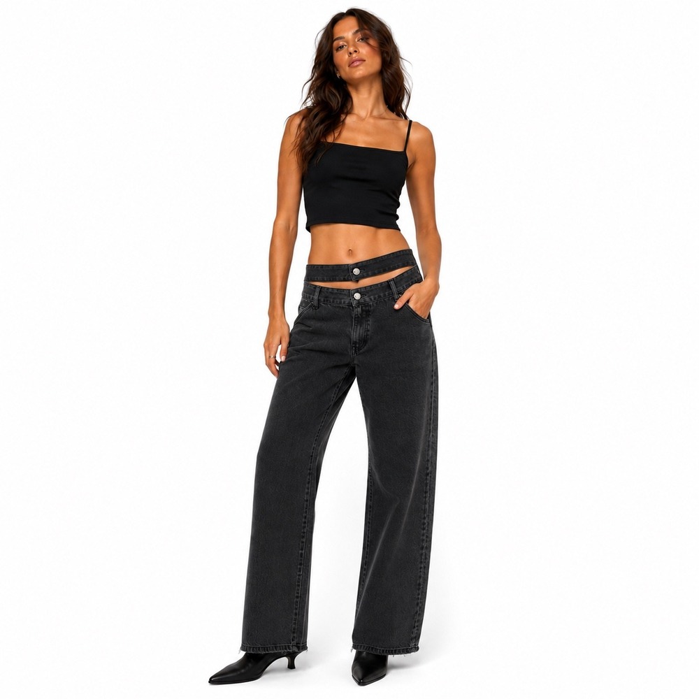 Lioness Double Waistband Jeans Women Small Black Raw Hem Streetwear Utility